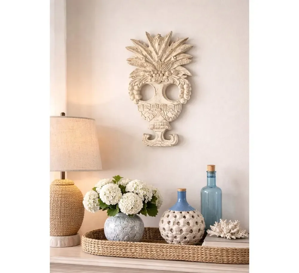 Vintage Large Wood Carved Vase Urn w/ Fruit Flowers Wall Hanging Rustic White